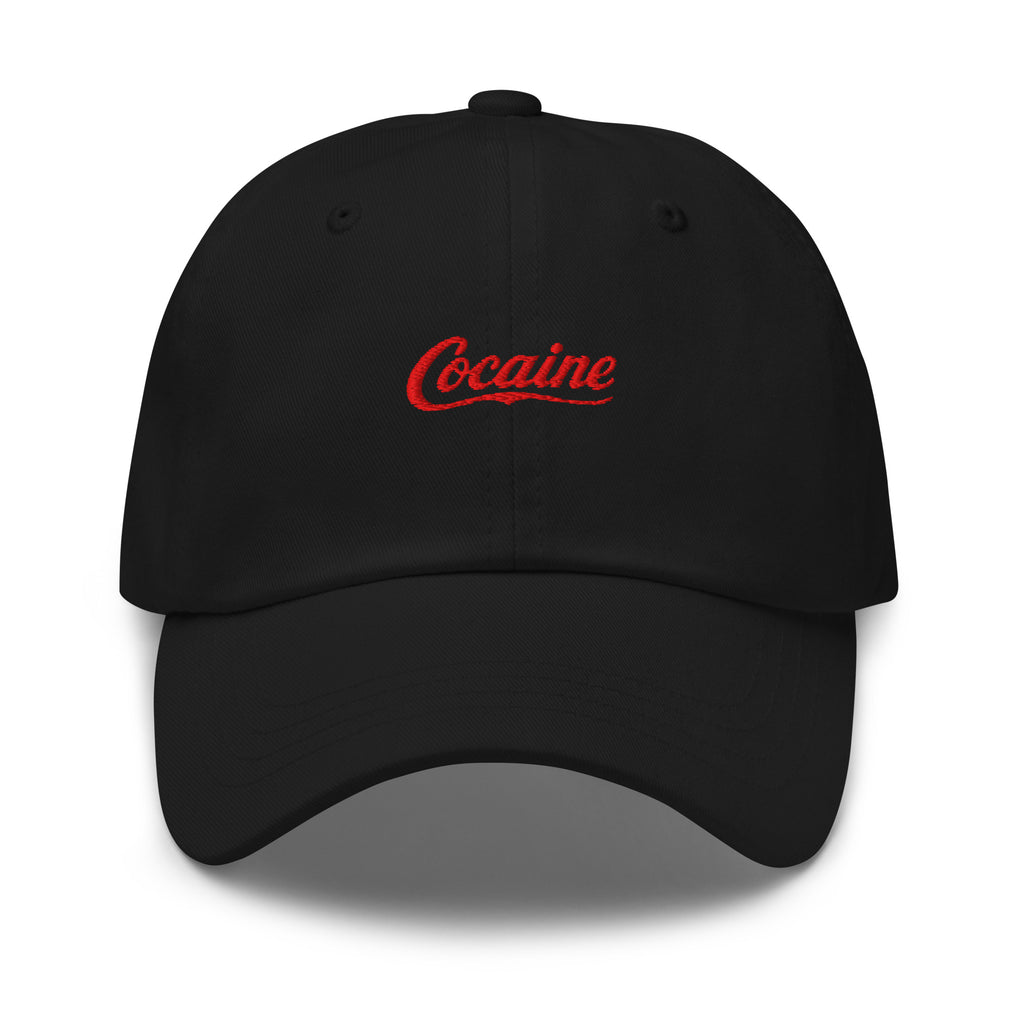 Black low-profile cap with red Cocaine script embroidered on the front — supplier front-view mockup.
