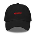 Black low-profile cap with red Cocaine script embroidered on the front — supplier front-view mockup.