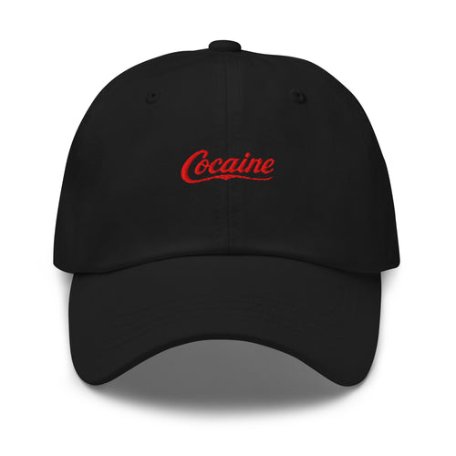 Black low-profile cap with red Cocaine script embroidered on the front — supplier front-view mockup.