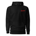 Black pullover hoodie with red Cocaine script embroidered on the left chest — supplier front-view mockup.