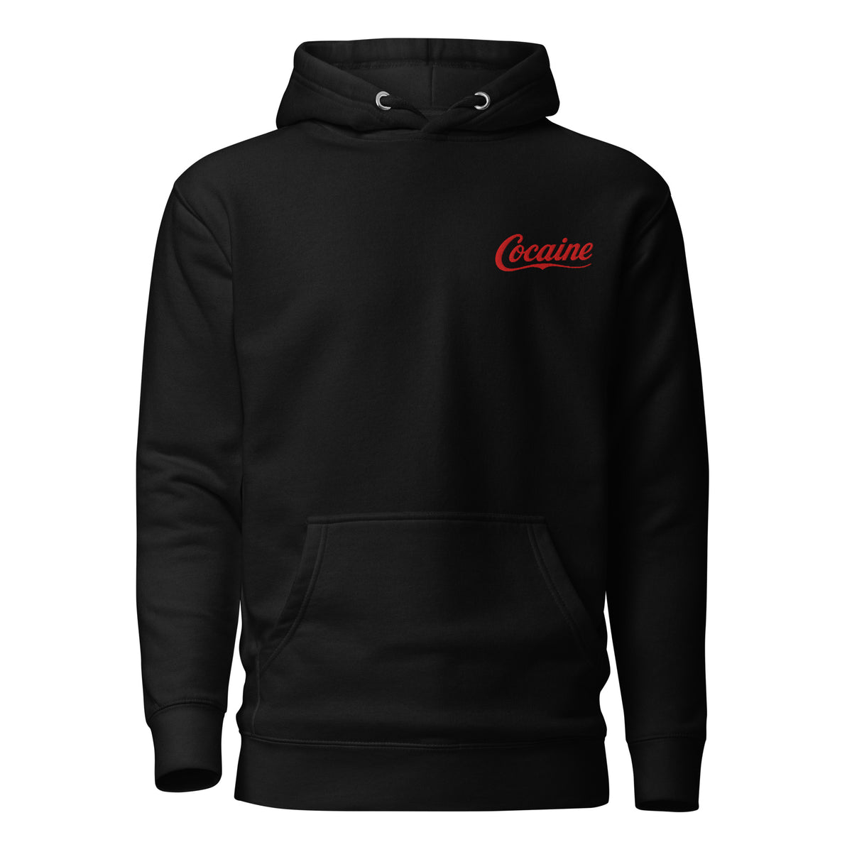 Black pullover hoodie with red Cocaine script embroidered on the left chest — supplier front-view mockup.